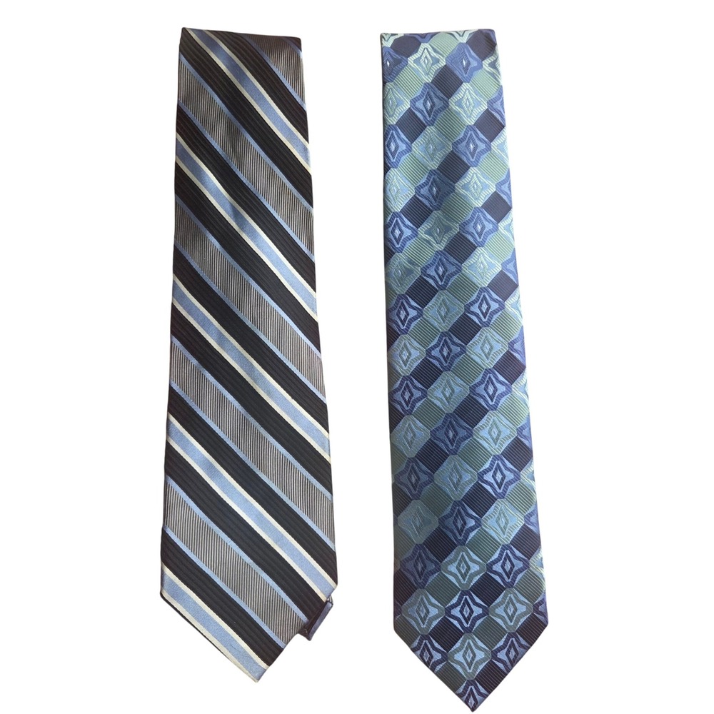 Mens Necktie Bundle Lot of‎ 2 Silk Striped Geometric Blue Black Grey Ties Career